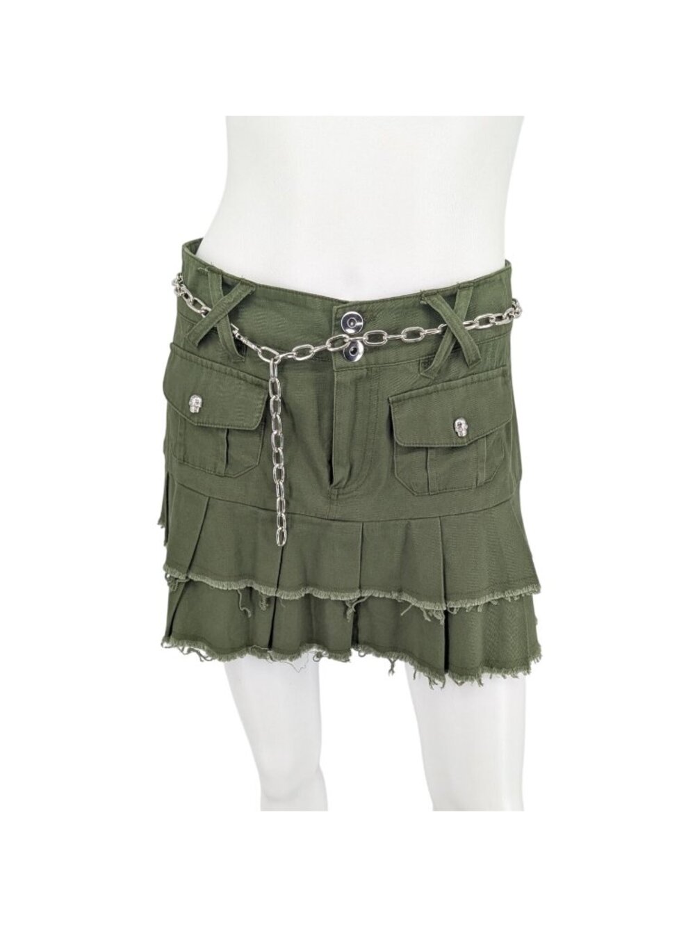 Social Collision Cargo Mini Skirt Tiered Pleated Chain Belt Grunge Frayed Small